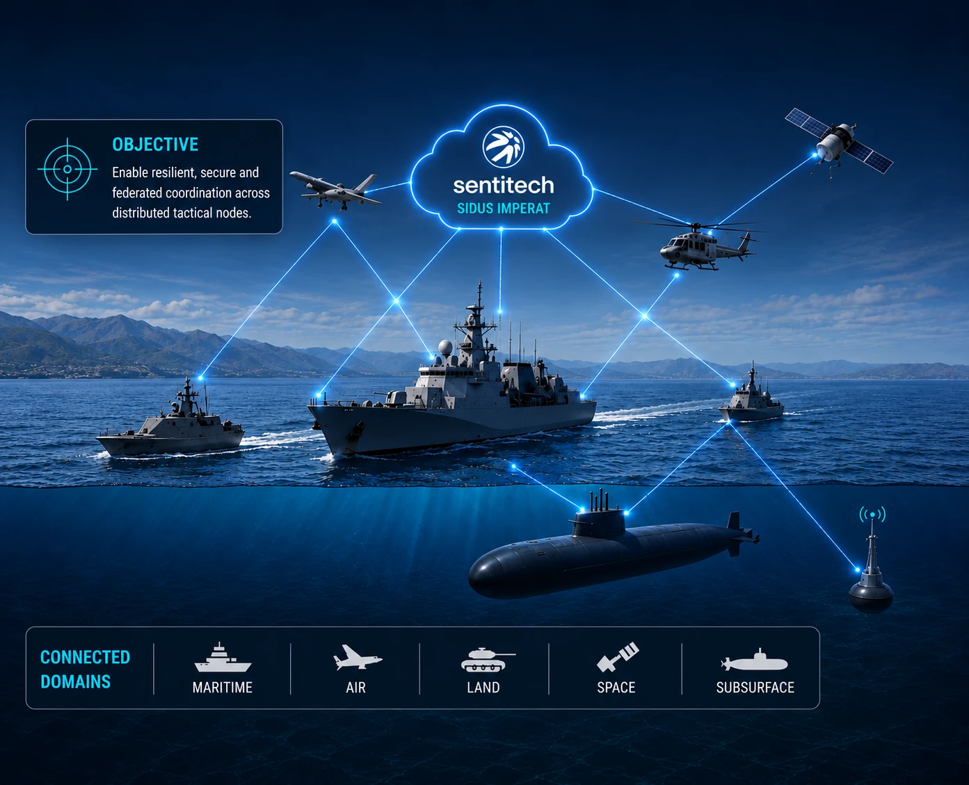 Multi-domain defense network: warships, submarine, drone, helicopter and satellite connected through a central Sentitech cloud