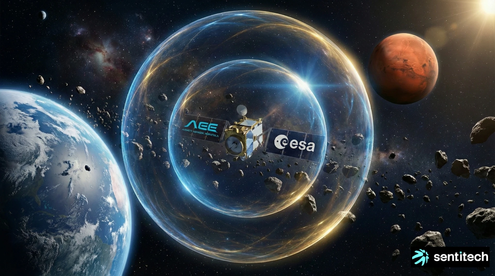 Satellite in Earth orbit surrounded by layered protective digital domes